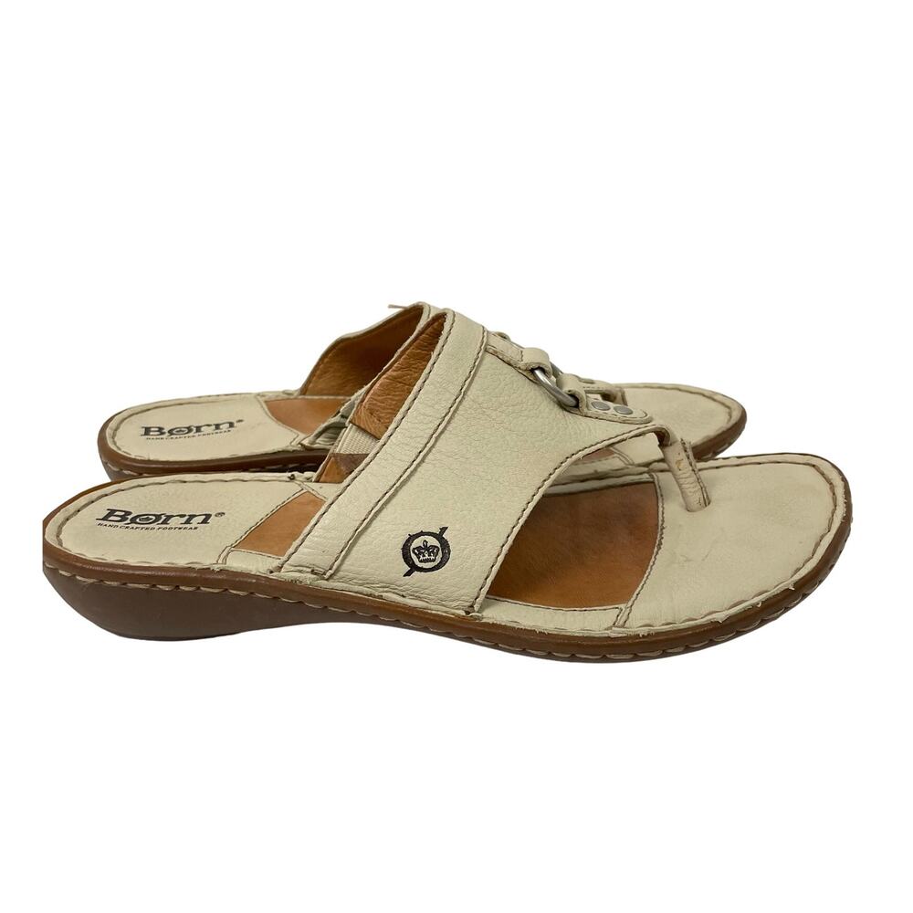 Born Quill Ivory Neutral Leather Flip Flop Thong Comfort Simple Summer Sandals